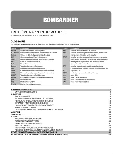 Miniature Bombardier Rapport trimestriel 2020-q3