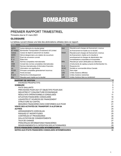 Miniature Bombardier Rapport trimestriel 2021-q1