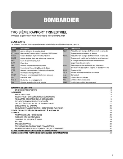 Miniature Bombardier Rapport trimestriel 2021-q3