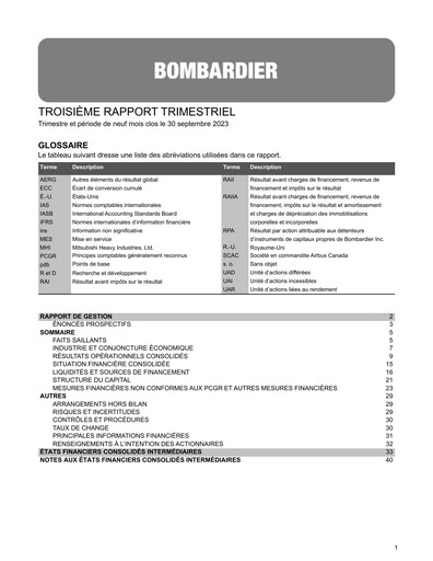 Miniature Bombardier Rapport trimestriel 2023-q3