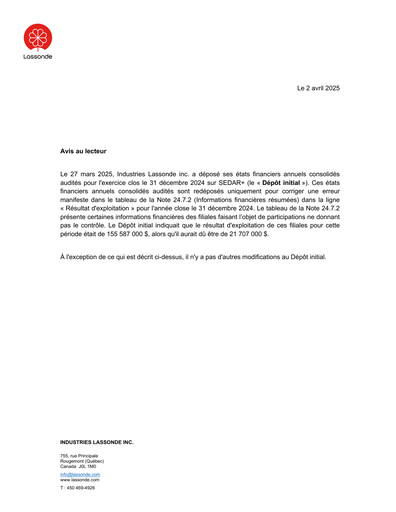 Thumbnail Lassonde Industries Financial Statement 2024