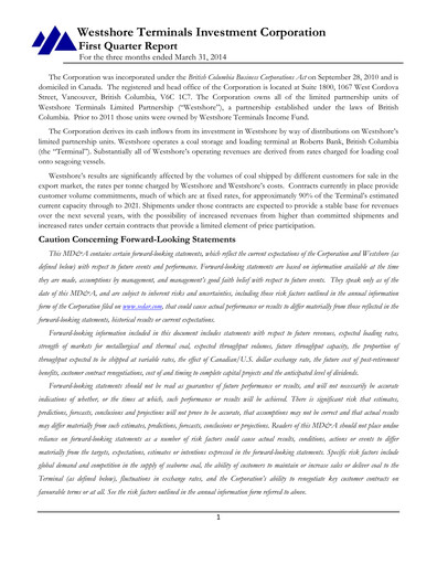 Thumbnail Westshore Terminals Investment Quarterly Report 2014-q1