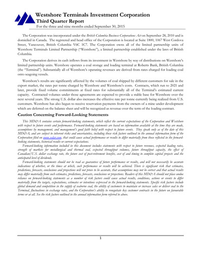 Thumbnail Westshore Terminals Investment Quarterly Report 2015-q3