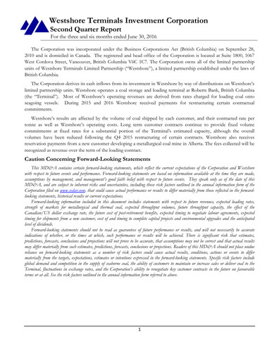 Thumbnail Westshore Terminals Investment Quarterly Report 2016-q2