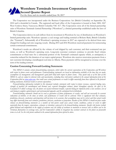 Thumbnail Westshore Terminals Investment Quarterly Report 2017-q2