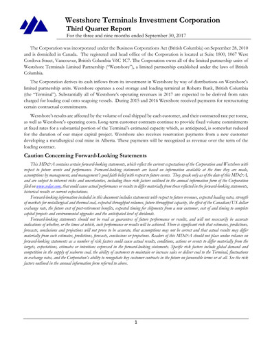 Thumbnail Westshore Terminals Investment Quarterly Report 2017-q3