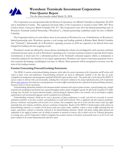 Thumbnail Westshore Terminals Investment Quarterly Report 2018-q1