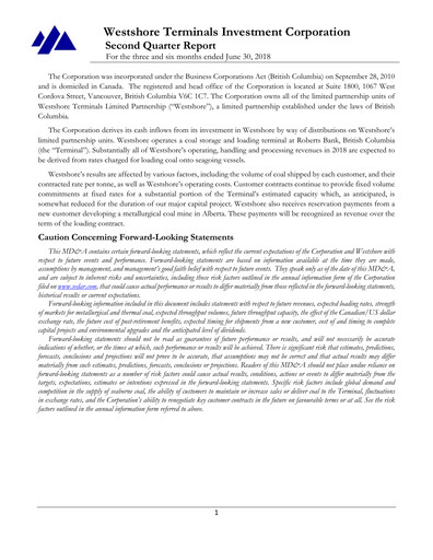 Thumbnail Westshore Terminals Investment Quarterly Report 2018-q2