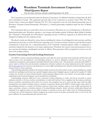Thumbnail Westshore Terminals Investment Quarterly Report 2018-q3