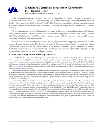 Thumbnail Westshore Terminals Investment Quarterly Report 2019-q1