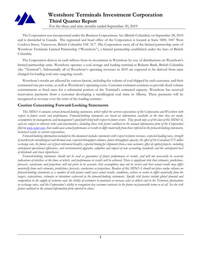 Thumbnail Westshore Terminals Investment Quarterly Report 2019-q3