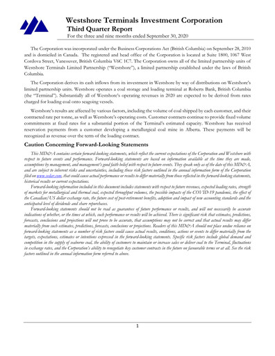Thumbnail Westshore Terminals Investment Quarterly Report 2020-q3