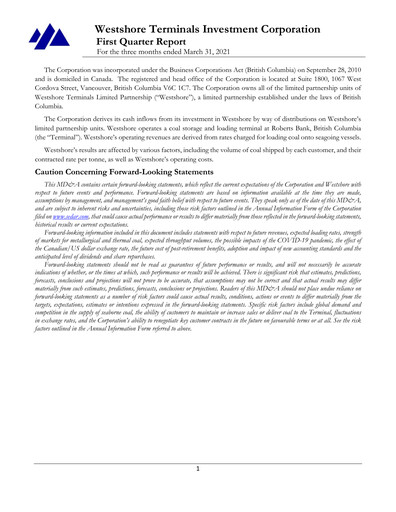 Vorschaubild Westshore Terminals Investment Quartalsbericht 2021-q1