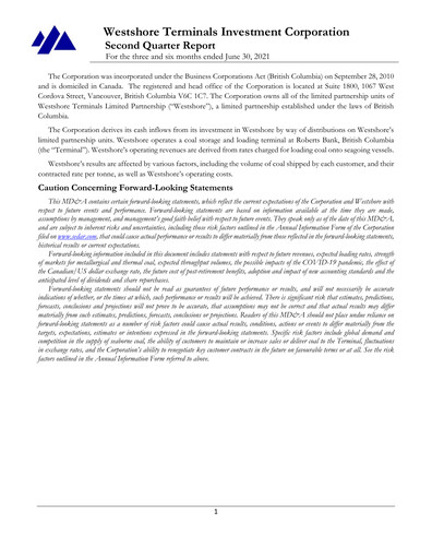 Vorschaubild Westshore Terminals Investment Quartalsbericht 2021-q2
