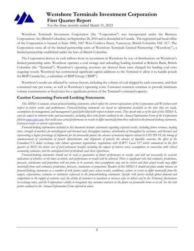 Vorschaubild Westshore Terminals Investment Quartalsbericht 2023-q1