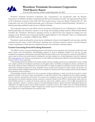 Vorschaubild Westshore Terminals Investment Quartalsbericht 2023-q3