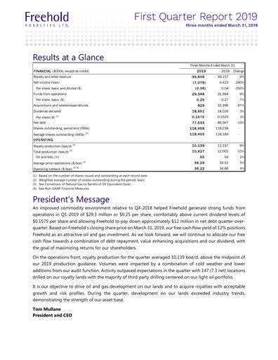 Thumbnail Freehold Royalties Quarterly Report 2019-q1
