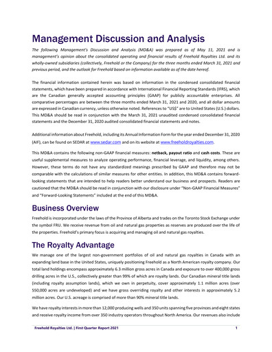 Thumbnail Freehold Royalties Quarterly Report 2021-q1