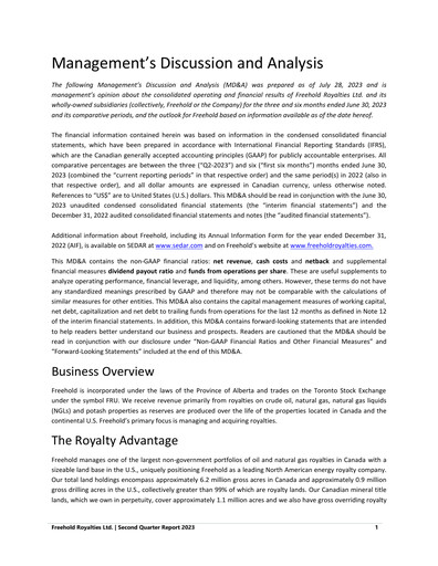 Thumbnail Freehold Royalties Quarterly Report 2023-q2