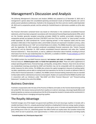 Thumbnail Freehold Royalties Quarterly Report 2023-q3