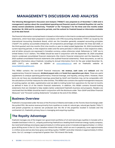 Thumbnail Freehold Royalties Quarterly Report 2024-q3