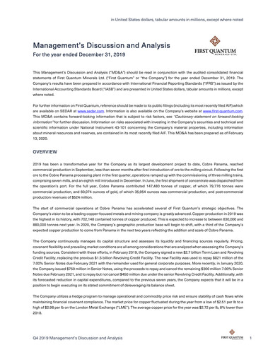 Thumbnail First Quantum Minerals
 Financial Report 2019