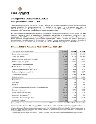 Thumbnail First Quantum Minerals
 Quarterly Report 2015-q1