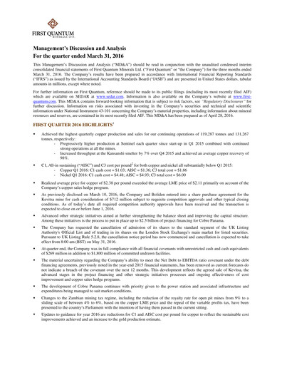 Thumbnail First Quantum Minerals
 Quarterly Report 2016-q1