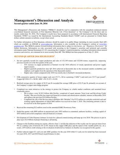 Thumbnail First Quantum Minerals
 Quarterly Report 2016-q2
