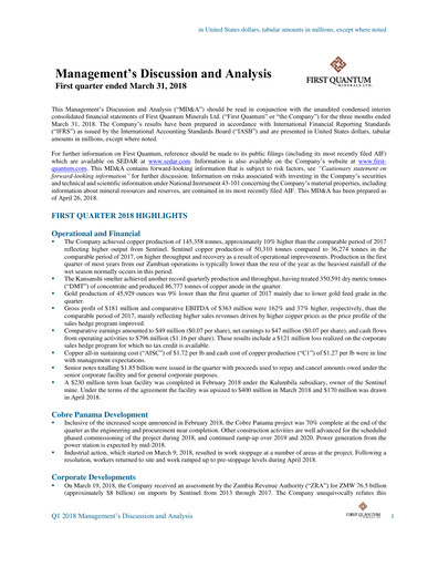 Thumbnail First Quantum Minerals
 Quarterly Report 2018-q1