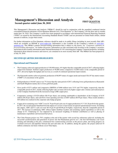 Thumbnail First Quantum Minerals
 Quarterly Report 2018-q2