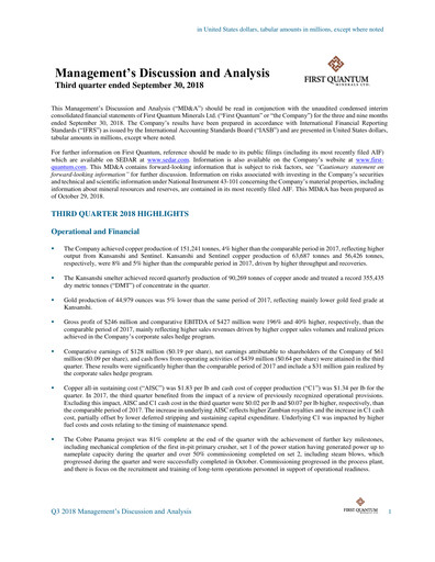 Thumbnail First Quantum Minerals
 Quarterly Report 2018-q3