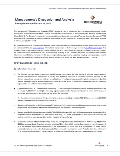 Thumbnail First Quantum Minerals
 Quarterly Report 2019-q1