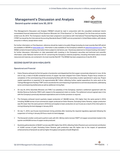 Thumbnail First Quantum Minerals
 Quarterly Report 2019-q2