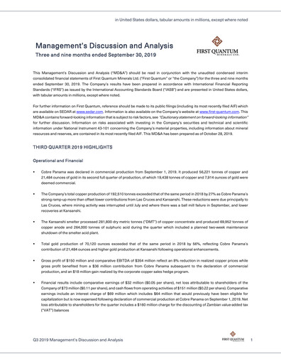 Thumbnail First Quantum Minerals
 Quarterly Report 2019-q3