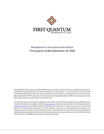Thumbnail First Quantum Minerals
 Quarterly Report 2020-q3