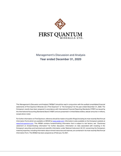 Thumbnail First Quantum Minerals
 Quarterly Report 2020-q4