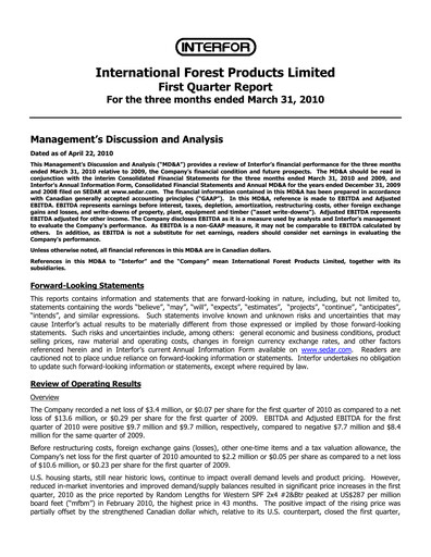Thumbnail Interfor Quarterly Report 2010-q1