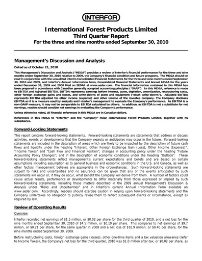 Thumbnail Interfor Quarterly Report 2010-q3