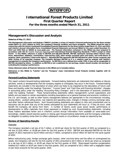 Thumbnail Interfor Quarterly Report 2011-q1