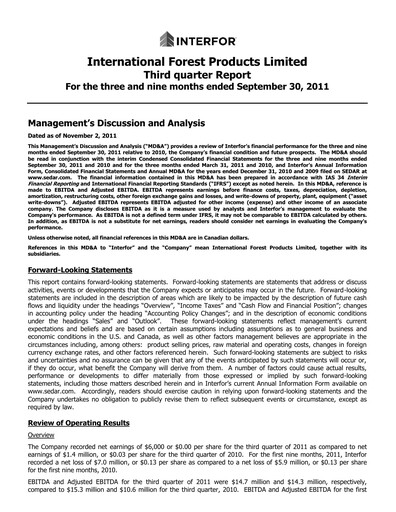 Thumbnail Interfor Quarterly Report 2011-q3