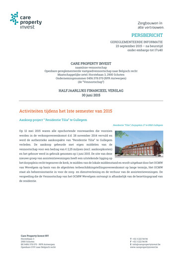 Thumbnail Care Property Invest NV Half-year Report 2015-h1