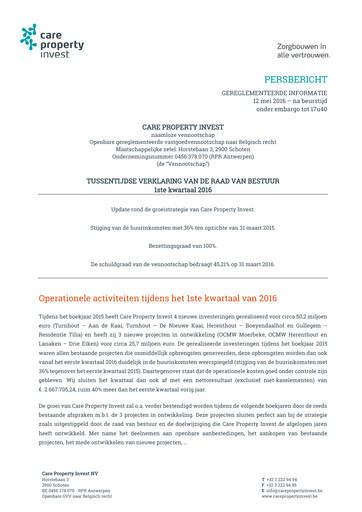 Thumbnail Care Property Invest NV Quarterly Report 2016-q1