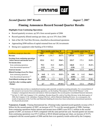 Thumbnail Finning Quarterly Report 2007-q2