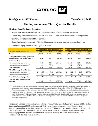 Thumbnail Finning Quarterly Report 2007-q3