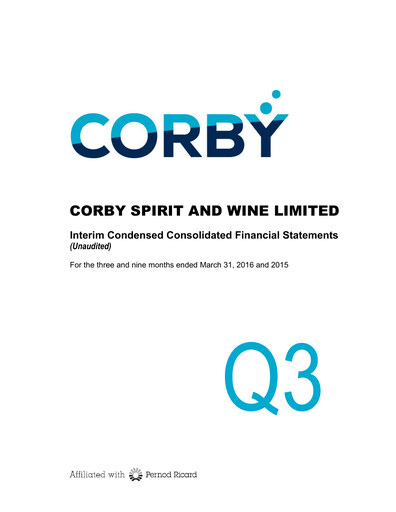 Miniature Corby Spirit and Wine Bilan financier 2016-q3
