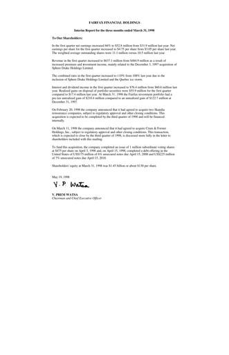 Thumbnail Fairfax Financial
 Quarterly Report 1998-q1
