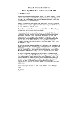 Thumbnail Fairfax Financial
 Quarterly Report 1999-q1