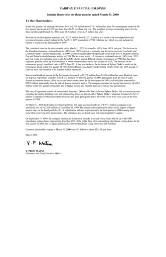Thumbnail Fairfax Financial
 Quarterly Report 2000-q1