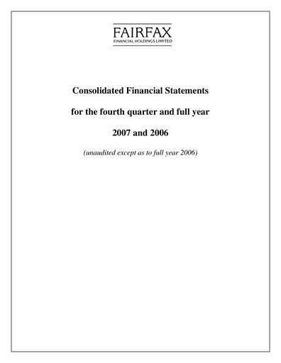Thumbnail Fairfax Financial
 Quarterly Report 2007-q4